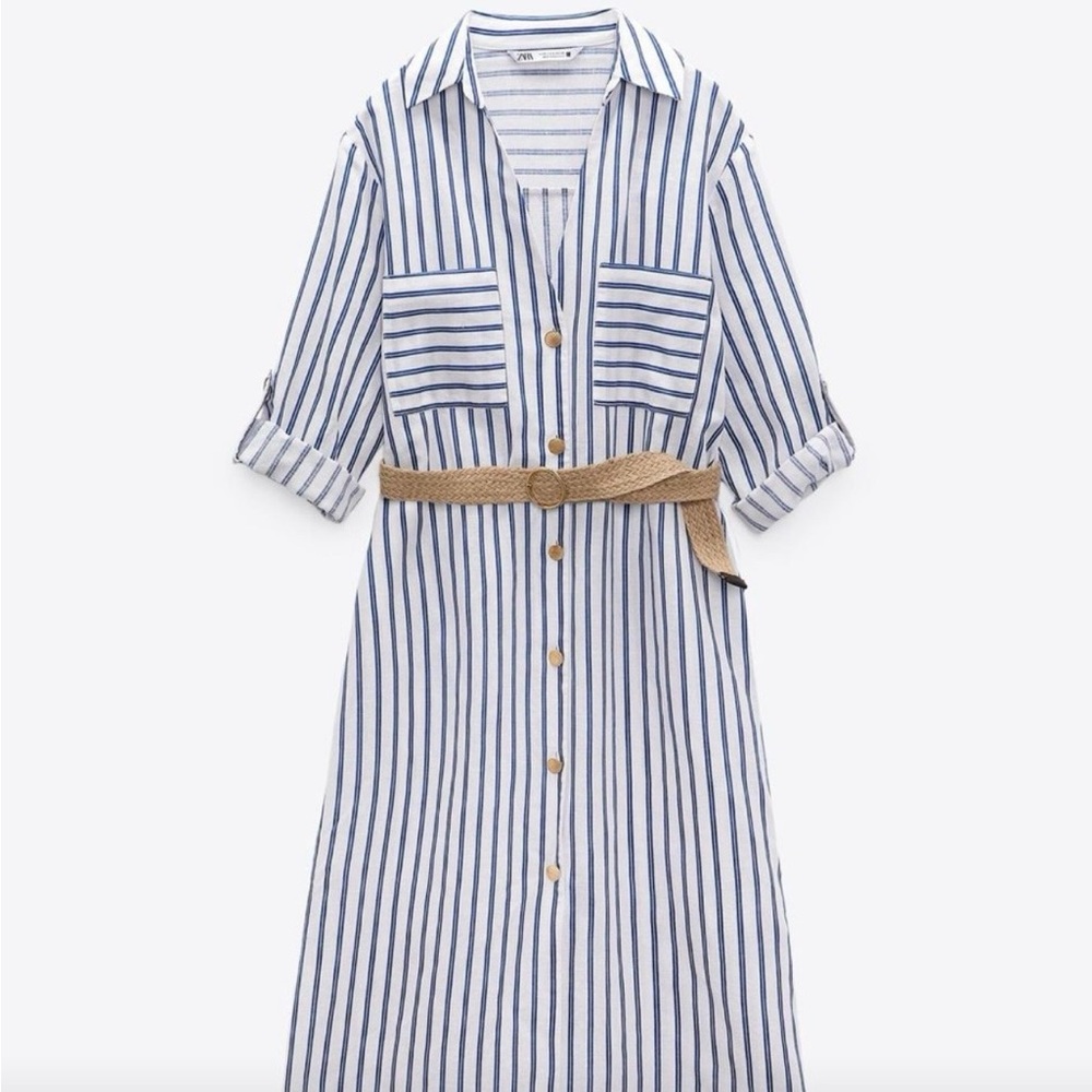 Zara Blue and White Striped Midi Dress